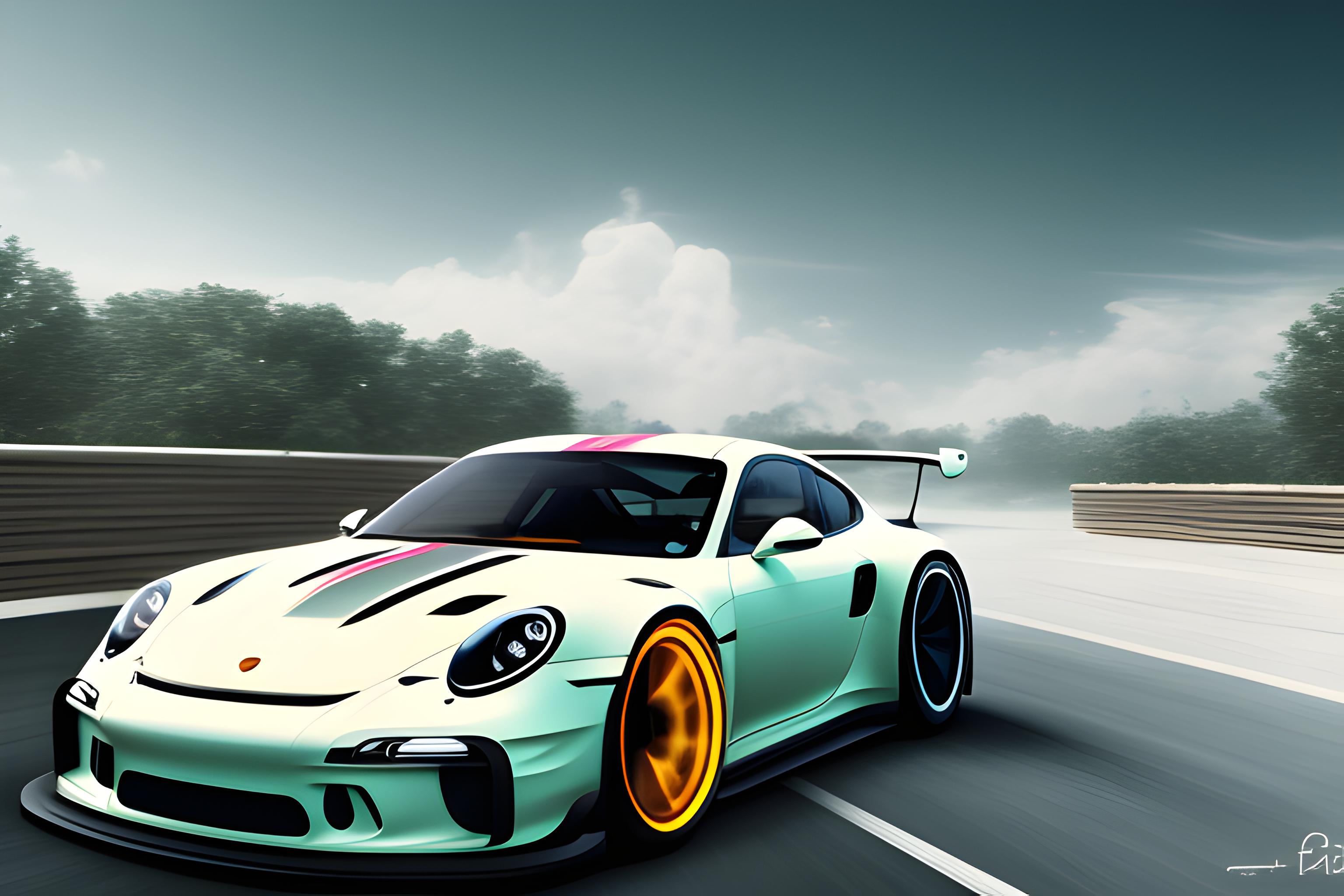 une voiture porches GT3 RS de face à moitié parfaite du coté gauche et en vue éclatée pièces par pièces du coté droit 